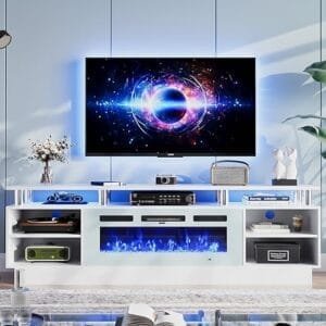 oneinmil Fireplace TV Stand with 36” Electric Fireplace, 70” 2 Tier TV Console Stand for TVs Up to 80", LED Light Entertainment Center, Fireplace for The Living Room TV Stand, White