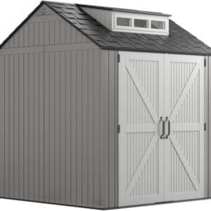 Rubbermaid Resin Outdoor Storage Shed With Floor (7 x 7 Ft), Weather Resistant, Gray, Organization for Home/Backyard/Garden Tools/Lawn Mower/Bike Storage/Pool Supplies